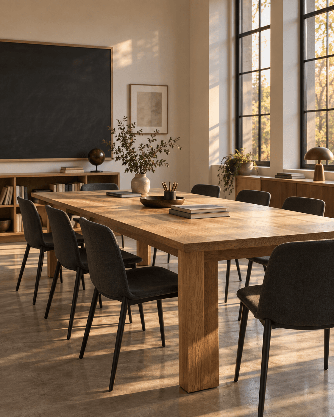 An imagined classroom with a shared oak table, charcoal chairs, and warm natural light.